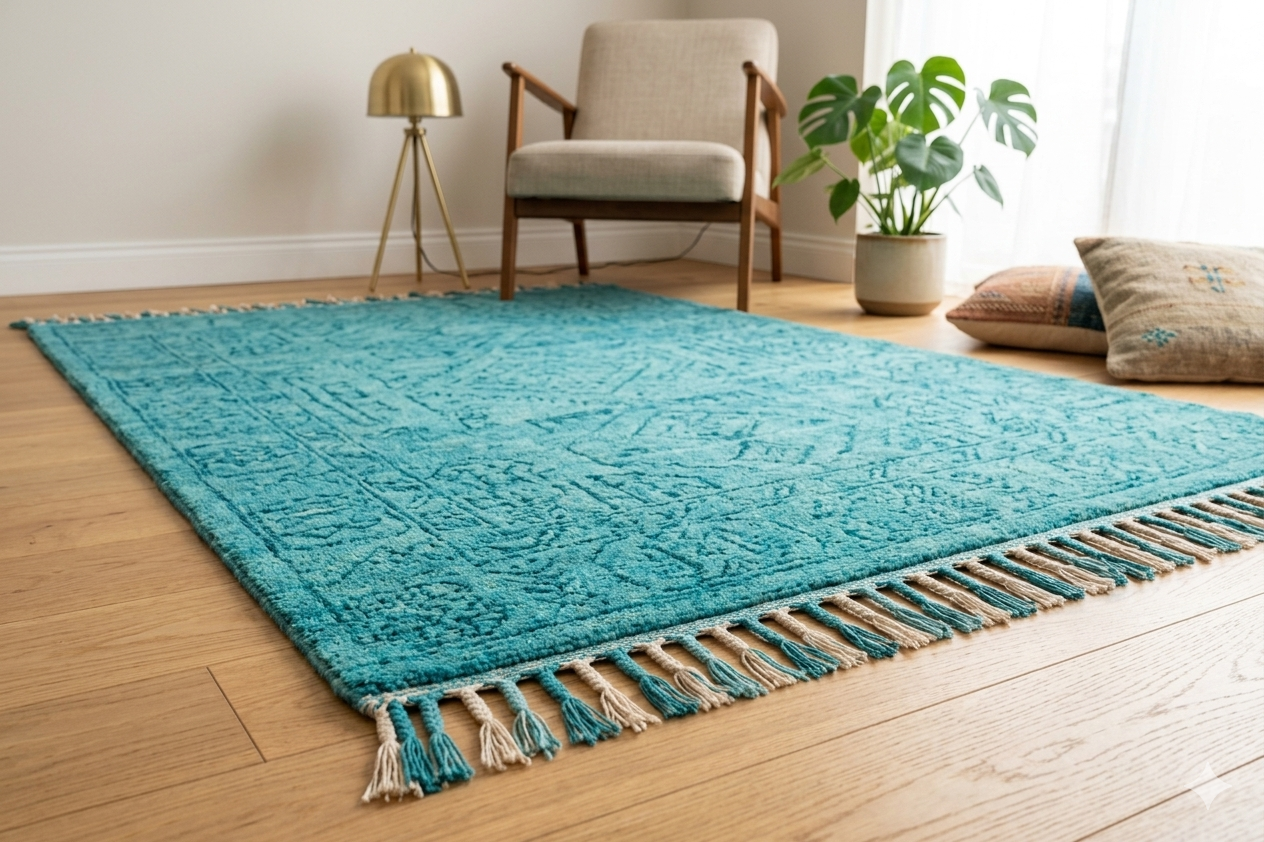 „Ocean Breeze“ - türkiser Teppich  mit Fransen